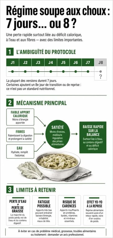 Infographie sur le régime soupe aux choux 8 jours : durée réelle, mécanisme de perte de poids et risques