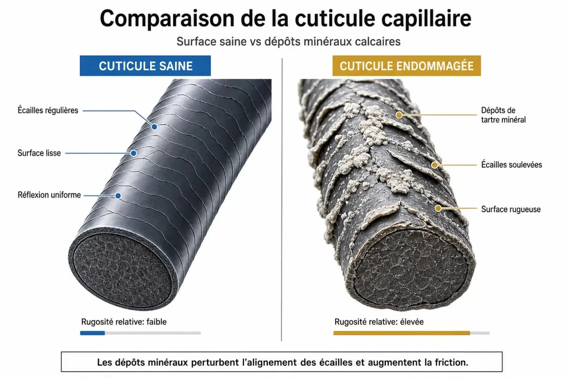 Schéma comparatif de l'impact de l'eau calcaire sur la fibre capillaire et la cuticule du cheveu