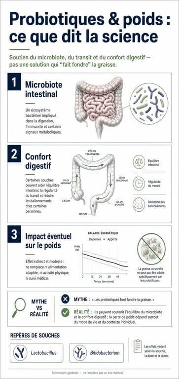 Infographie sur les probiotiques pour maigrir, montrant le lien entre microbiote, digestion, ballonnements et perte de poids