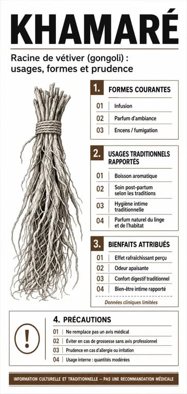 Khamare bienfait : infographie éditoriale sur les usages, bienfaits attribués et précautions de la racine de vétiver