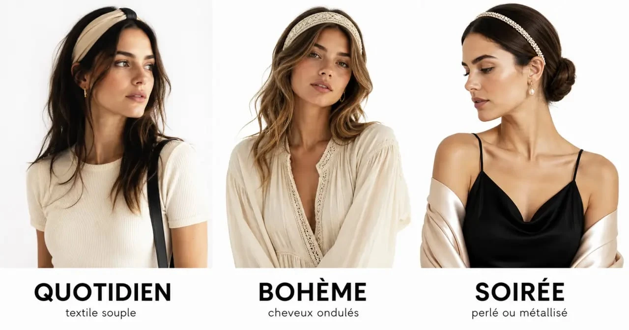 Inspiration headband femme avec trois styles : quotidien, bohème et soirée