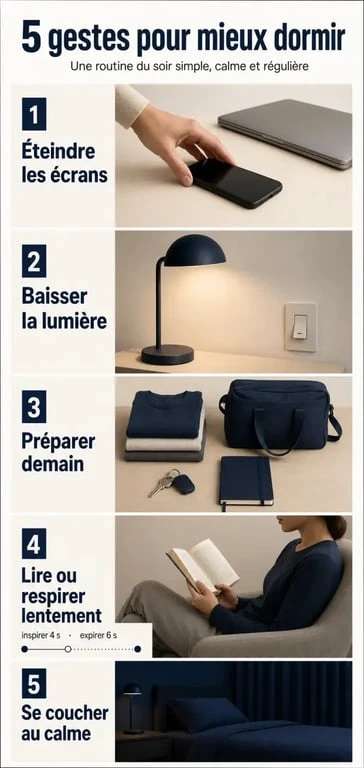 Routine du soir pour bien dormir illustrée en 5 étapes