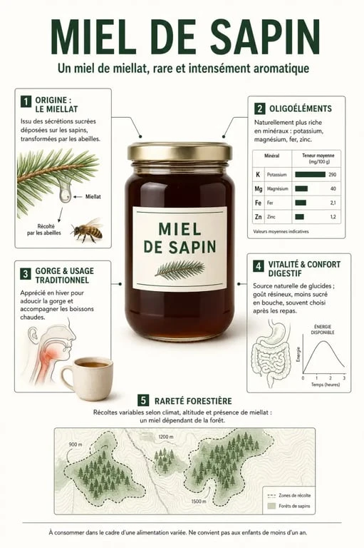 Infographie sur le miel de sapin bienfaits, origine, gorge, vitalité et digestion
