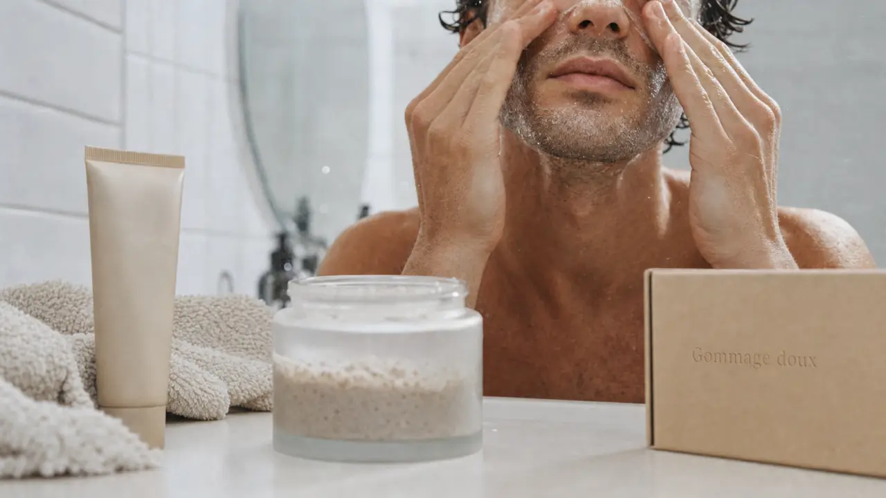 Gommage visage pour homme sur peau humide, massage doux au lavabo