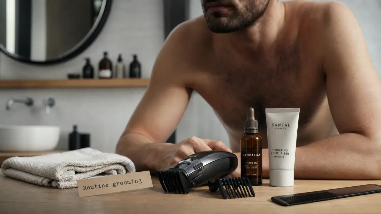 grooming homme : routine simple dans une salle de bain