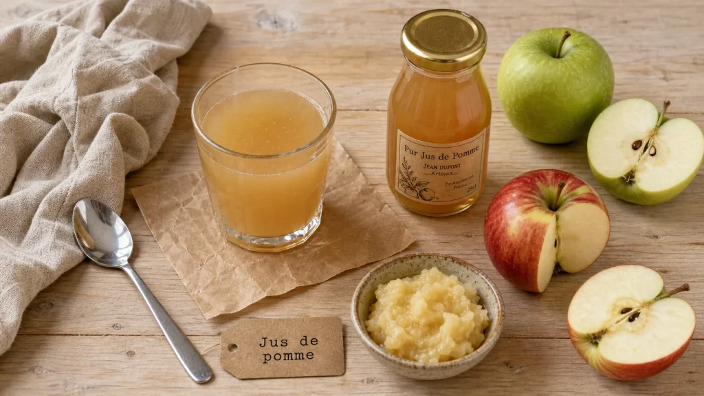 Jus de pommes bienfaits : verre de jus et pommes sur table bois