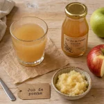 Jus de pommes bienfaits : verre de jus et pommes sur table bois