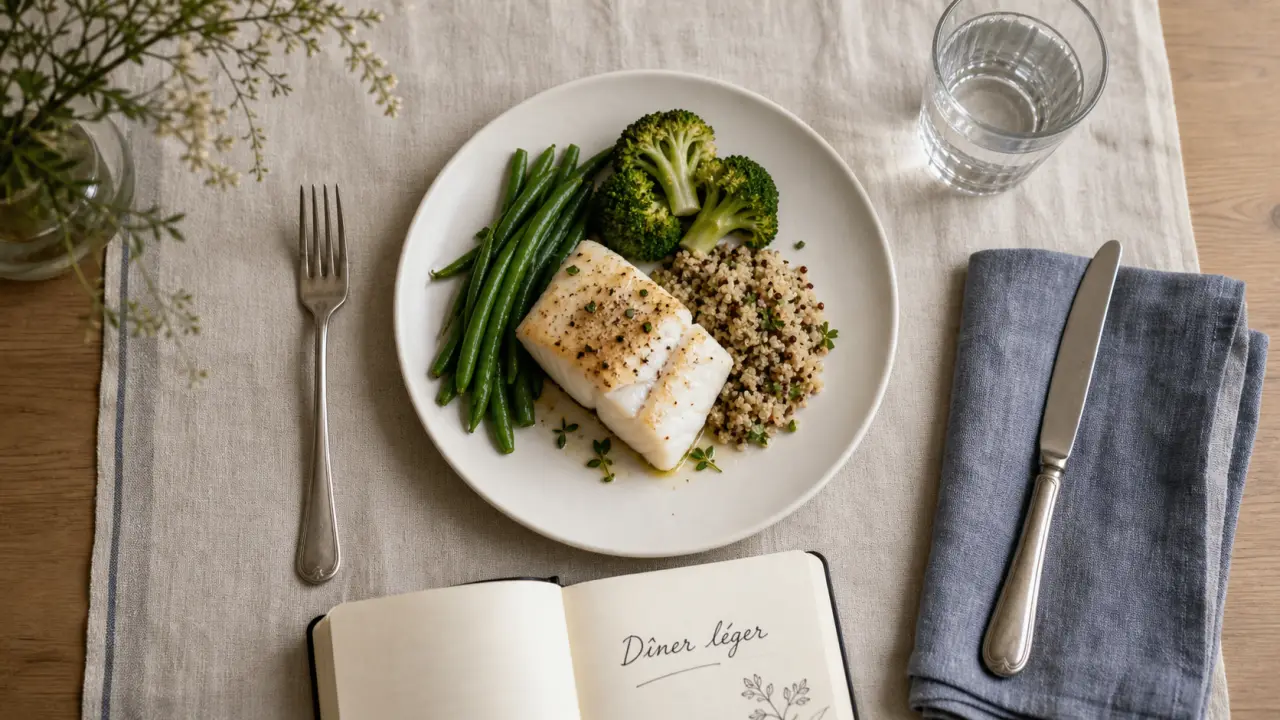 Maigrir repas soir : assiette légère cabillaud, légumes, quinoa