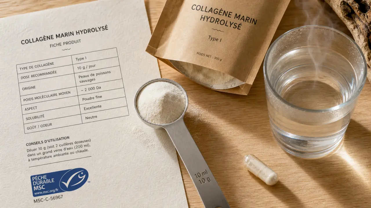 Meilleur collagene marin hydrolysé : dosage Type I 10 g/j, poudre et verre d’eau