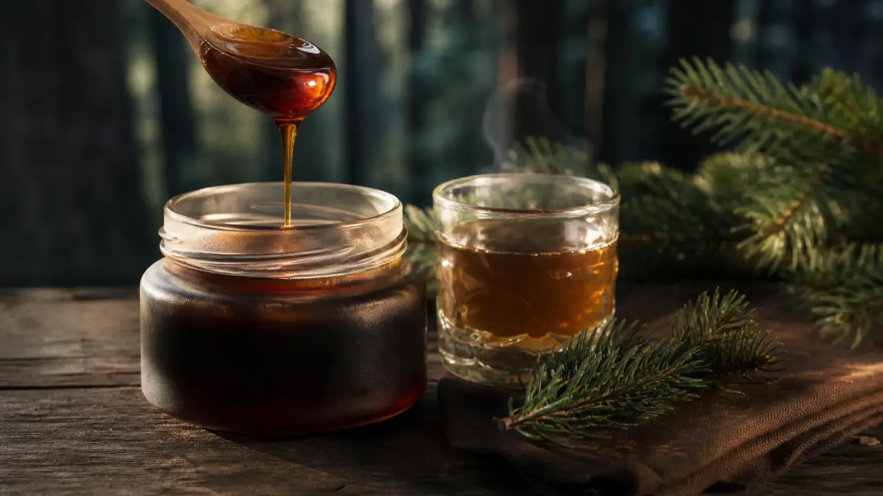 Miel de sapin bienfaits : pot de miellat sombre et infusion tiède pour la gorge