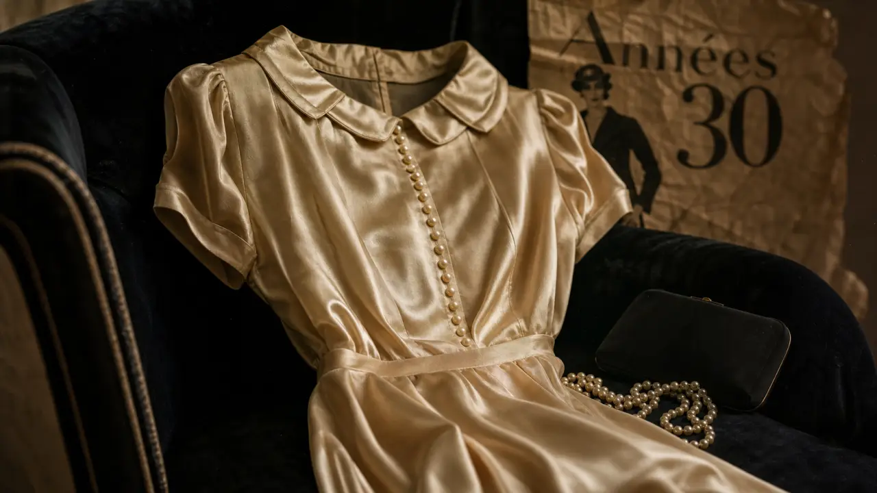 Robe des annee 30 en satin crème avec perles, style rétro chic