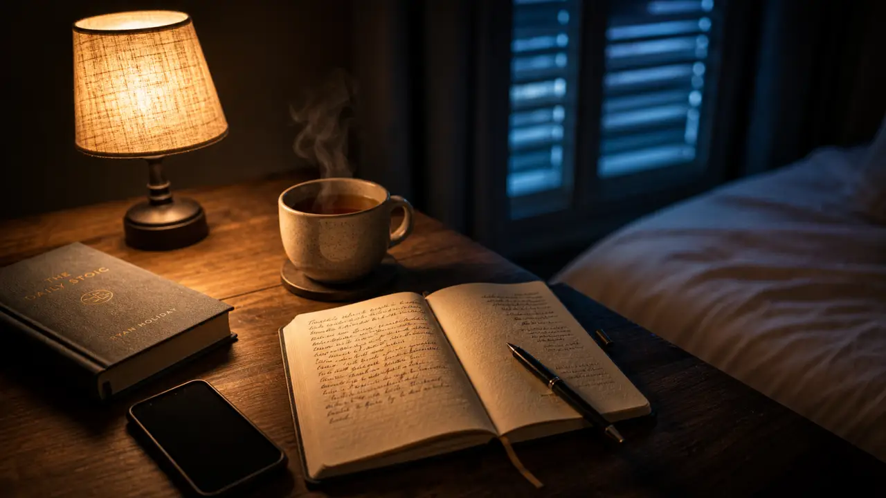 Une routine du soir pour bien dormir à 18-19 °C, tisane et carnet, téléphone éteint