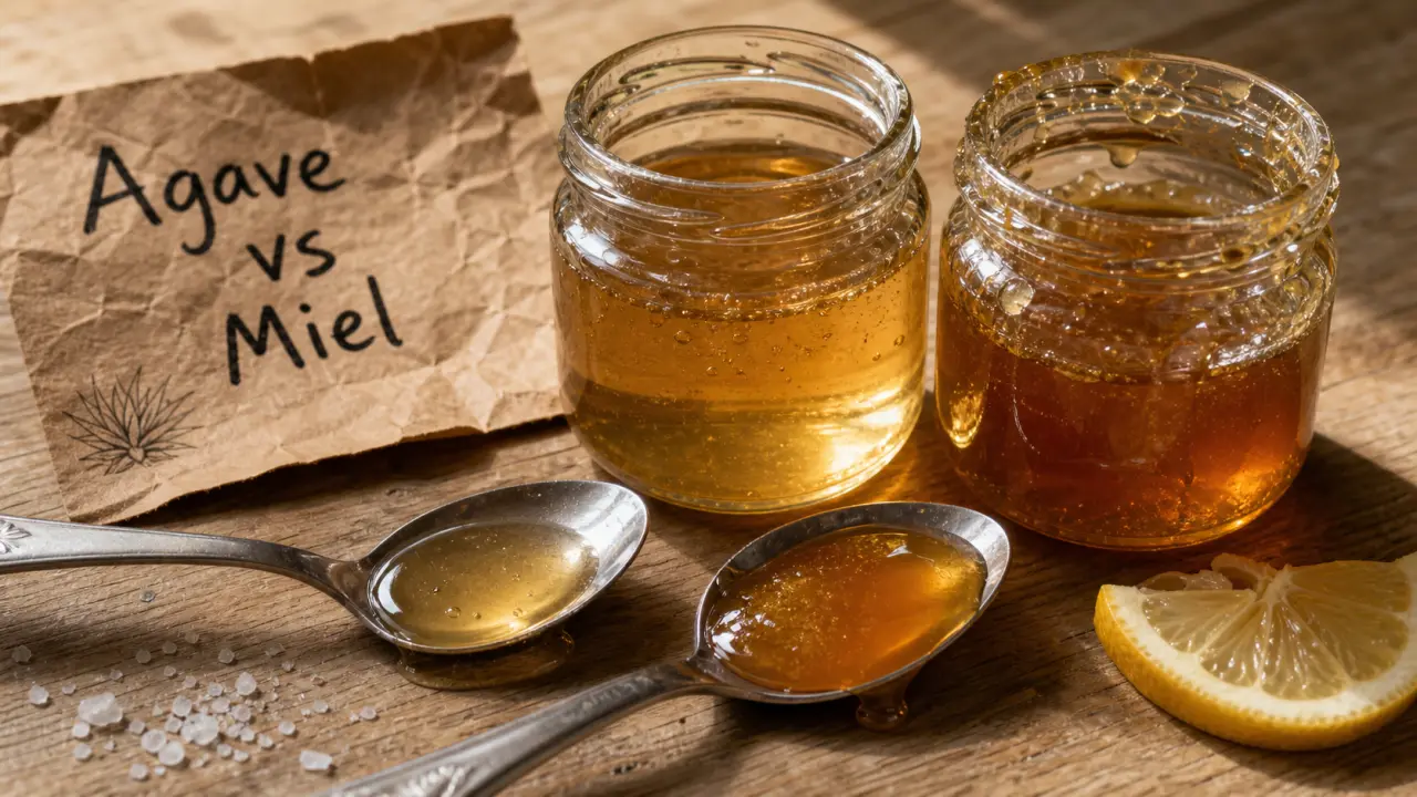 Sirop d agave ou miel : miel et sirop d’agave en cuillères