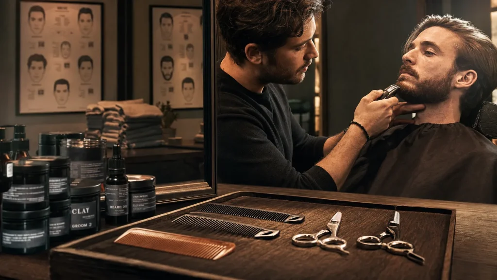 Visagiste homme ajustant la barbe et la coupe