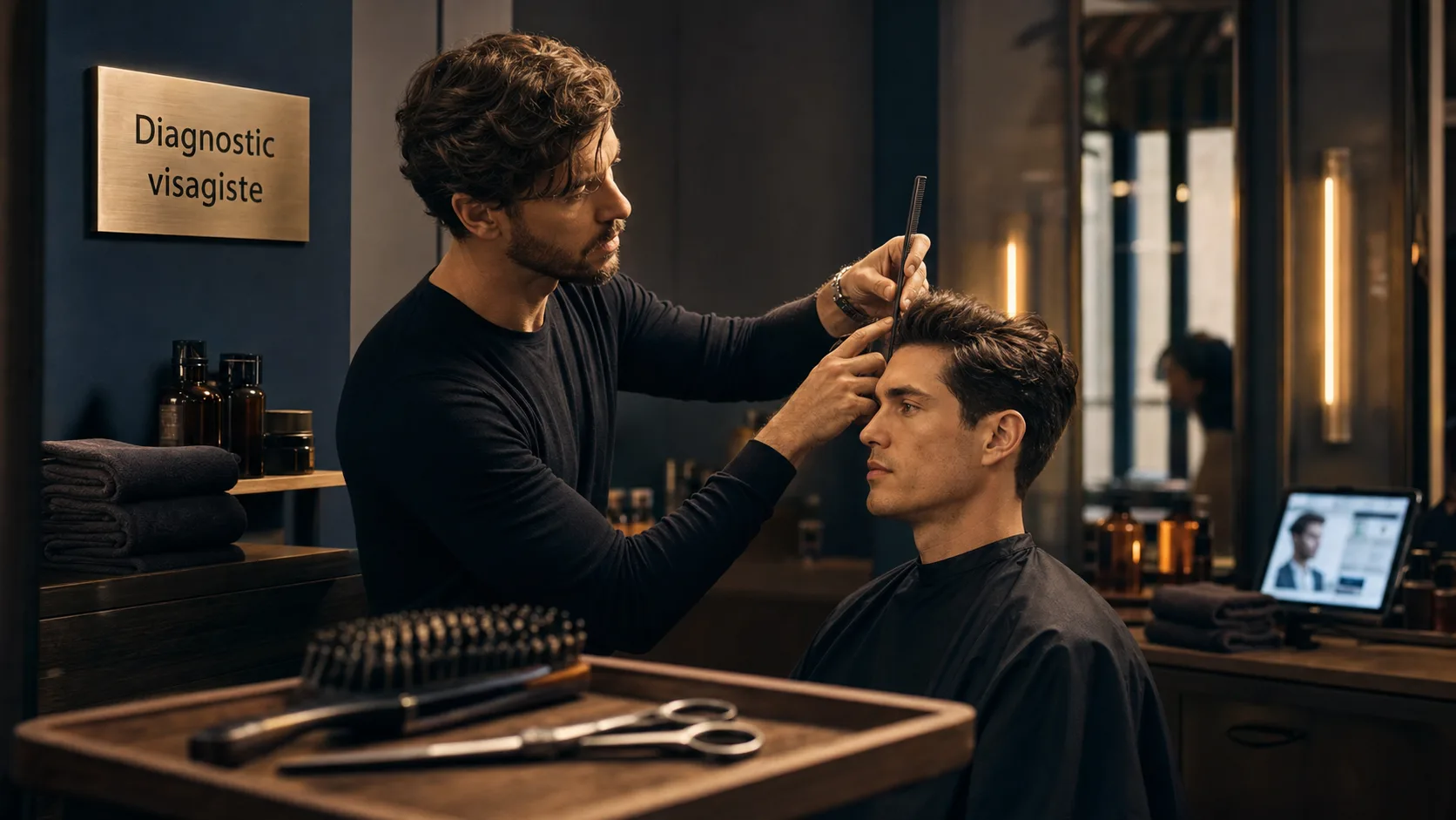 Visagiste homme mesurant l’implantation cheveux pour coupe et barbe, diagnostic visage