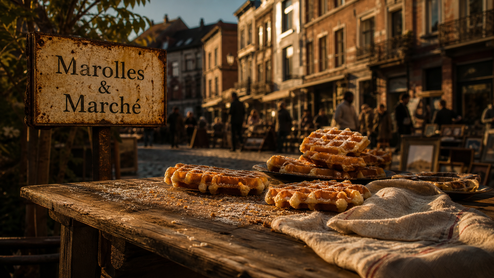 Visite Bruxelles 3 jours : gaufres bruxelloises aux Marolles, rue pavée au coucher du soleil