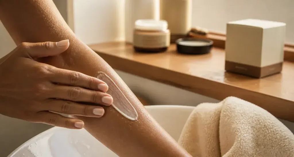 Crème pour peau seche appliquée sur peau sèche, texture crème sur avant-bras