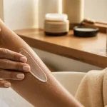 Crème pour peau seche appliquée sur peau sèche, texture crème sur avant-bras