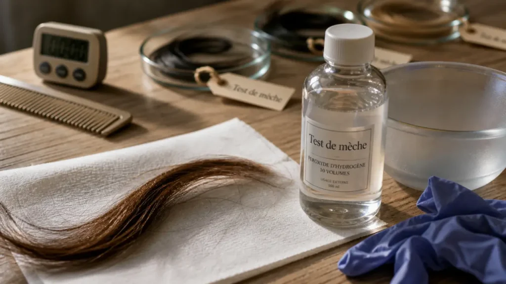Décoloration à l’eau oxygénée : 20 volumes, test de mèche et précautions essentielles