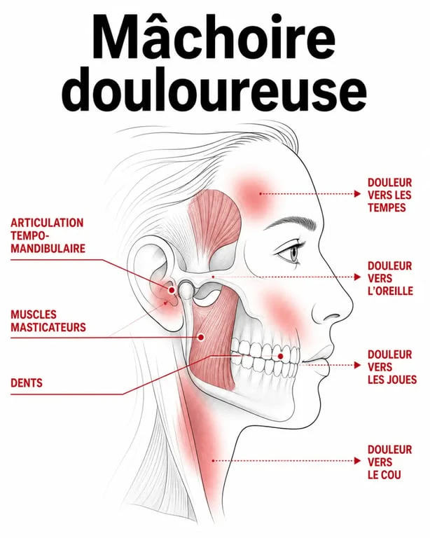 Schéma de la mâchoire douloureuse montrant l’ATM, l’oreille, les dents et les zones de douleur irradiée