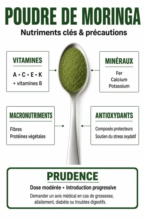 Infographie sur la poudre de moringa bienfait avec nutriments, usages et précautions