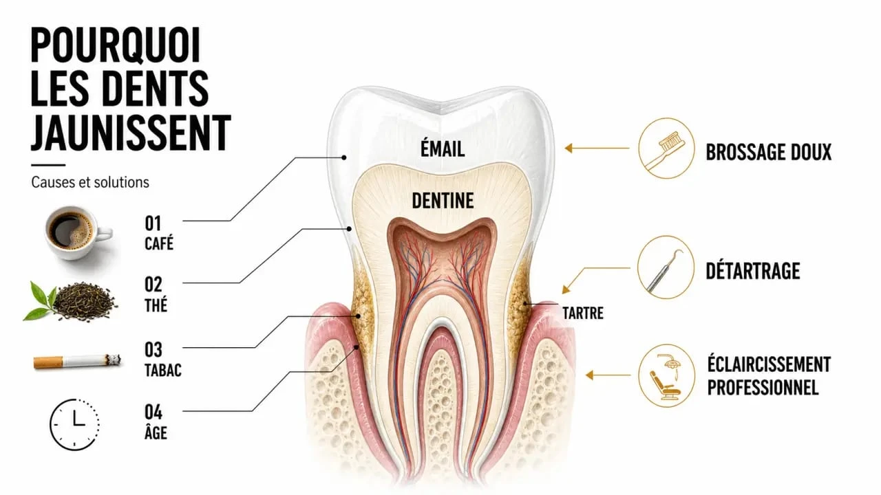 Avoir les dents blanches : schéma des causes du jaunissement et des solutions pour éclaircir le sourire