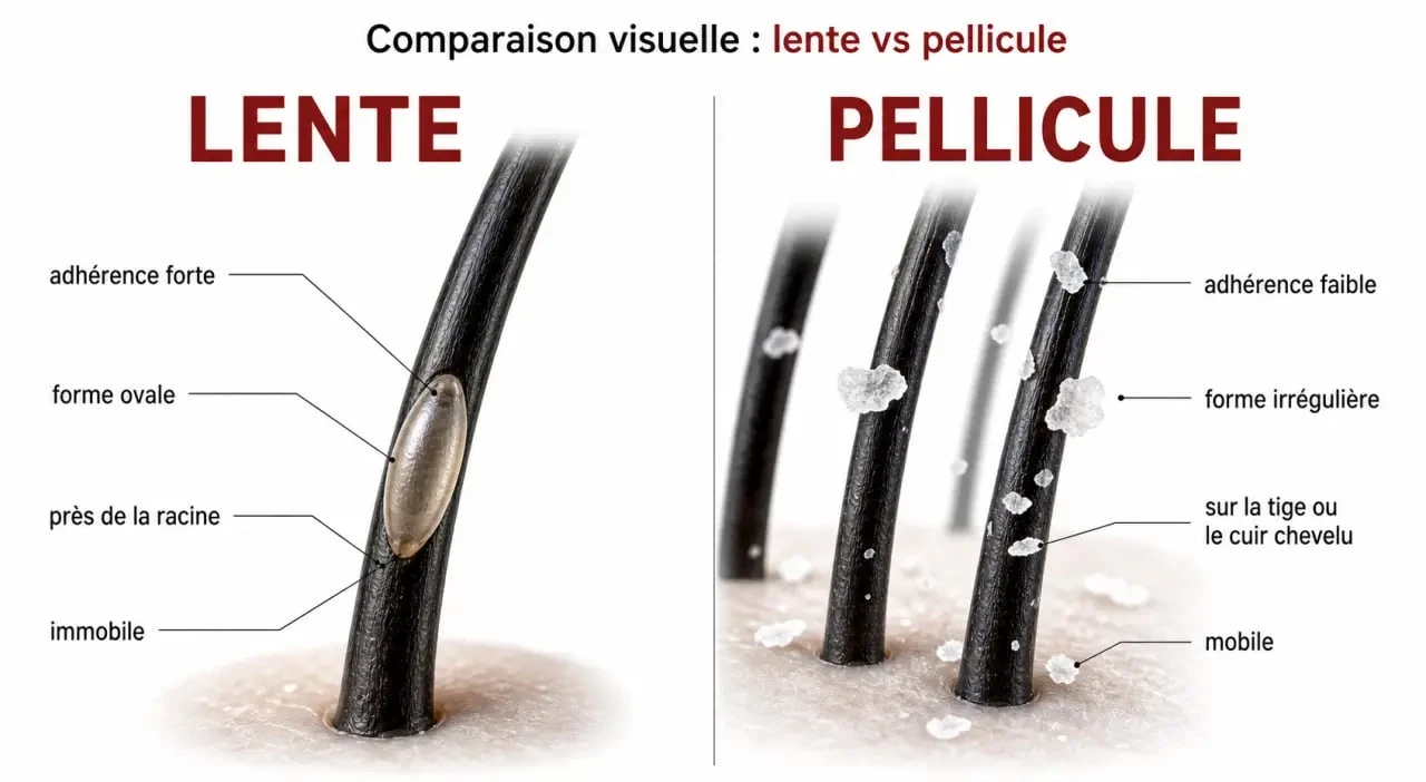 Différencier lente et pellicule : comparaison visuelle d’une lente fixée au cheveu et d’une pellicule qui se détache
