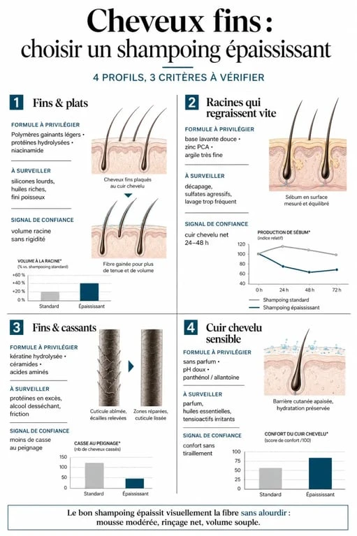 Infographie sur le meilleur shampoing pour épaissir les cheveux selon le profil capillaire