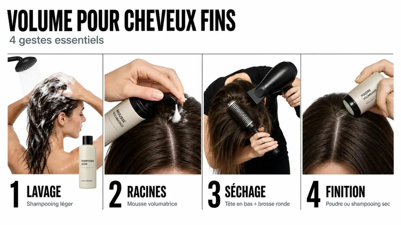Volume cheveux fins : gestes clés pour laver, sécher et texturiser les racines