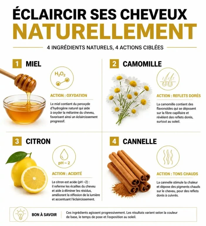 Infographie présentant les ingrédients naturels pour éclaircir ses cheveux naturellement et leurs effets