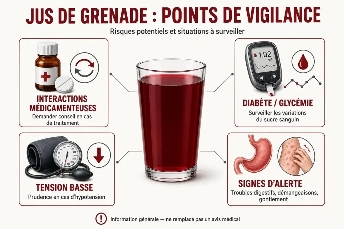 Jus de grenade danger : illustration des interactions médicamenteuses, de la glycémie, de la tension basse et des signes d’alerte