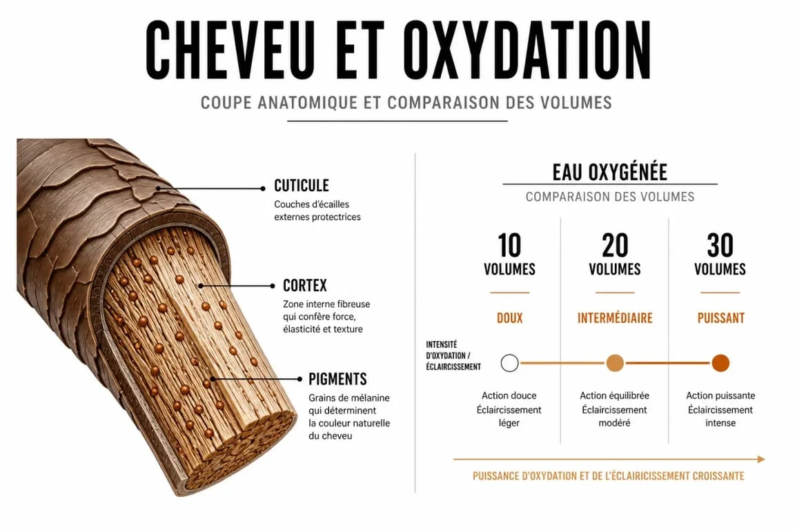 Décoloration eau oxygénée : schéma du cheveu et repères de volumes pour éclaircir sans abîmer