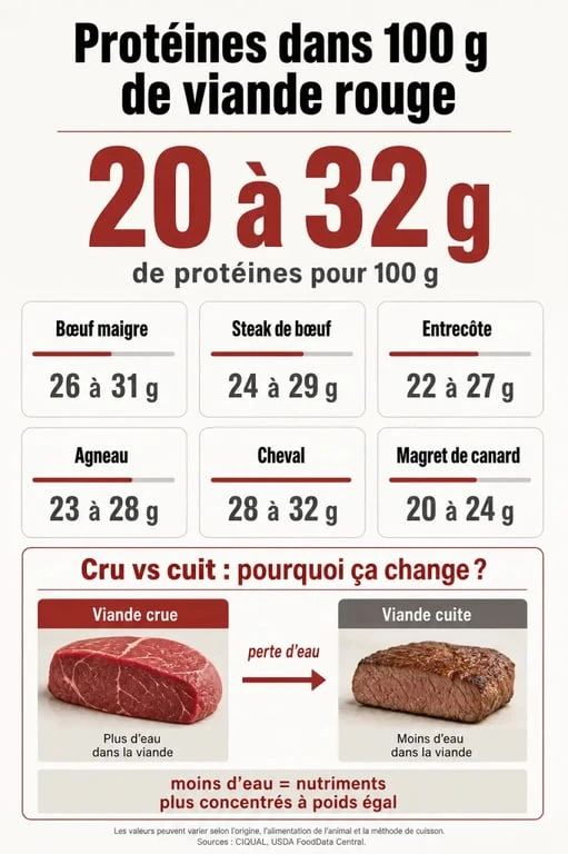 Combien de proteine dans 100g de viande rouge : infographie des apports selon les morceaux et la cuisson