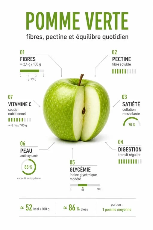 Pomme verte bienfait : infographie éditoriale sur les fibres, la satiété, la glycémie et la vitamine C