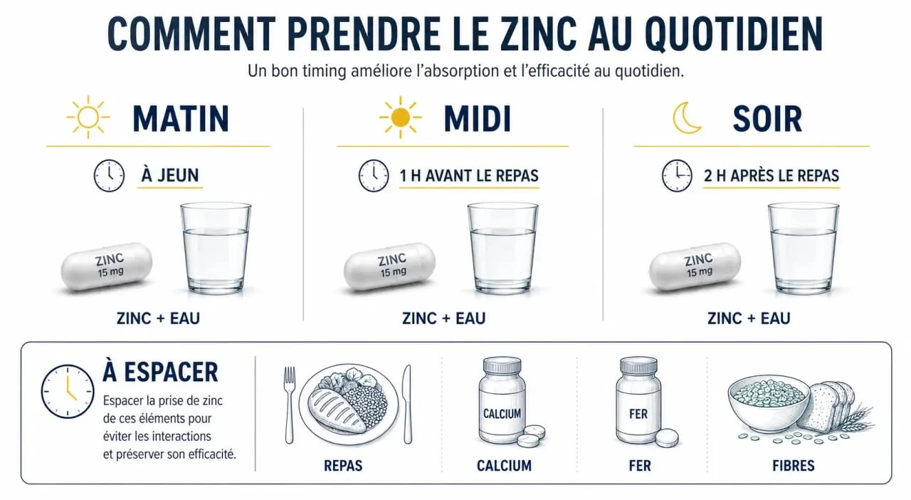 Comment prendre le zinc : schéma pratique du moment de prise, à jeun ou avec repas, et des espacements avec le fer et le calcium