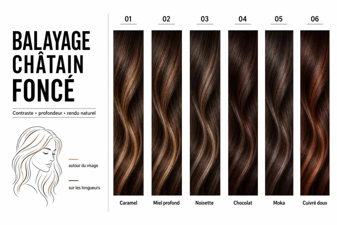 Balayage pour châtain foncé : comparaison des nuances caramel, miel, noisette et moka