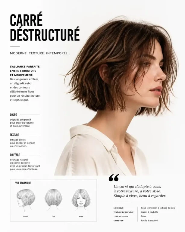 Femme portant une coupe carré déstructuré moderne avec du mouvement et du volume