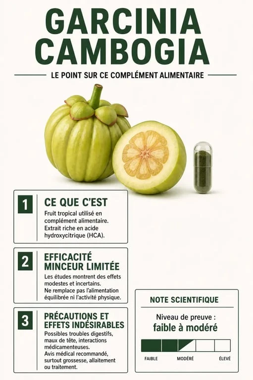Illustration éditoriale du garcinia cambogia avec gélules, efficacité minceur et précautions