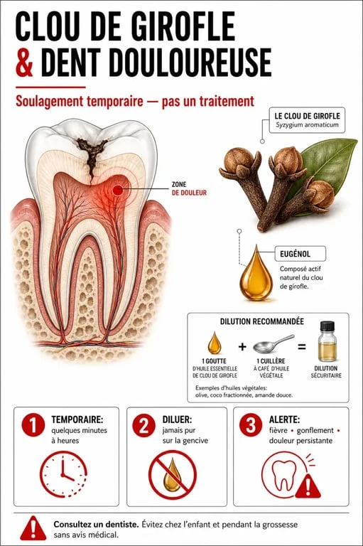 Maux de dents et clou de girofle : schéma éditorial du soulagement temporaire et des précautions