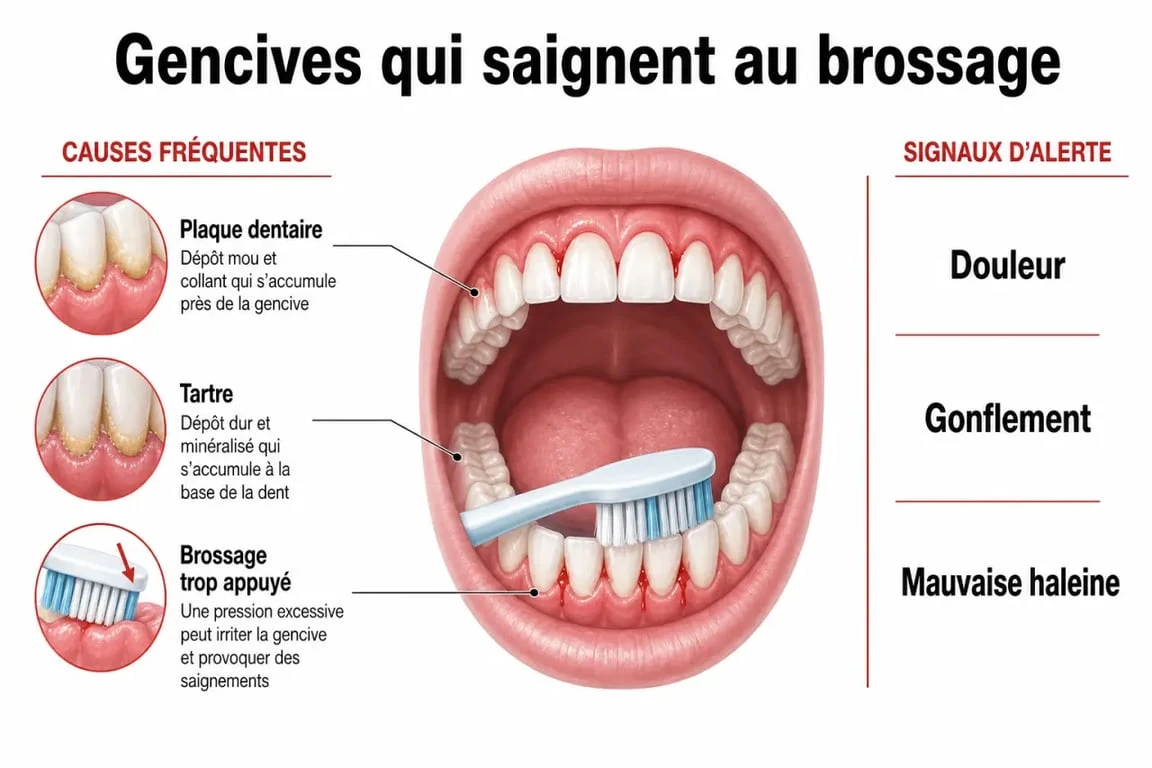 Gencives qui saignent : causes, signes d’alerte et bons gestes en schéma médical