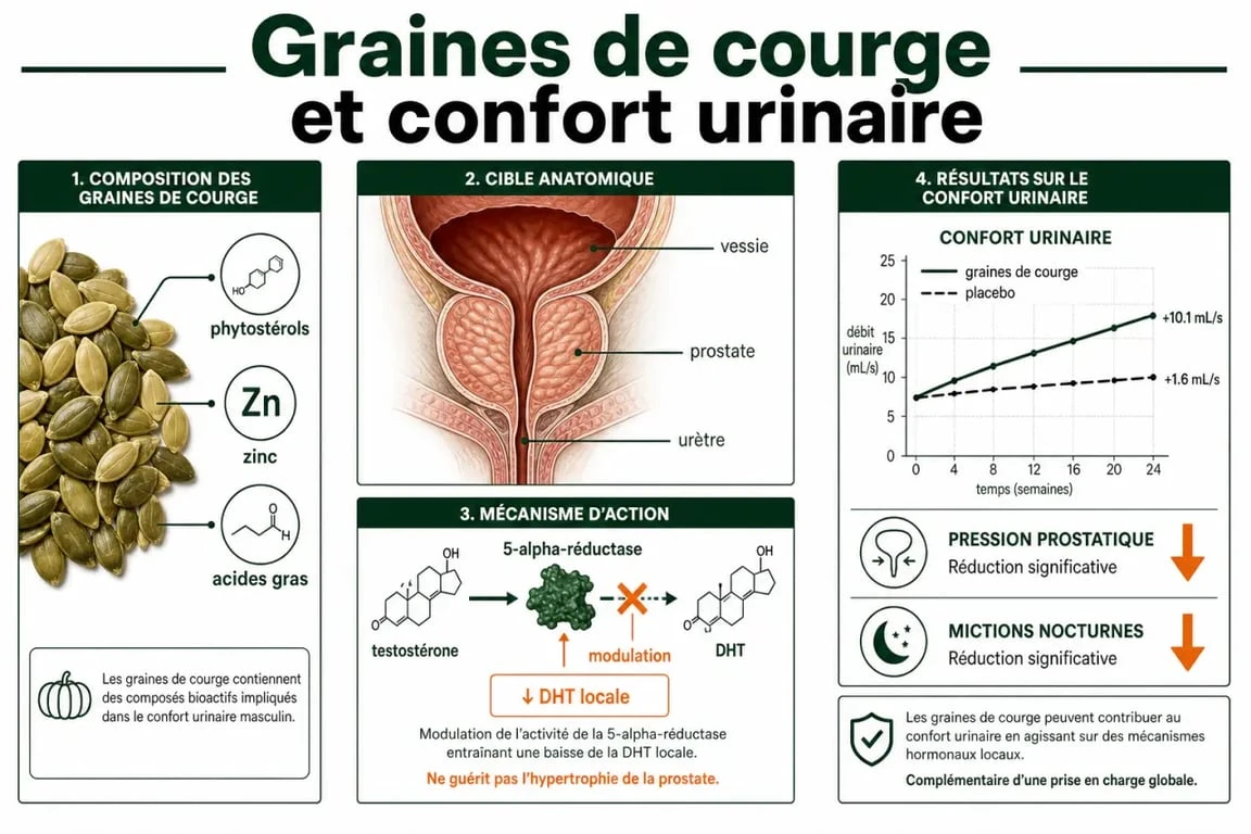 Schéma explicatif du mécanisme d'action des graines de courge sur le confort urinaire et la prostate