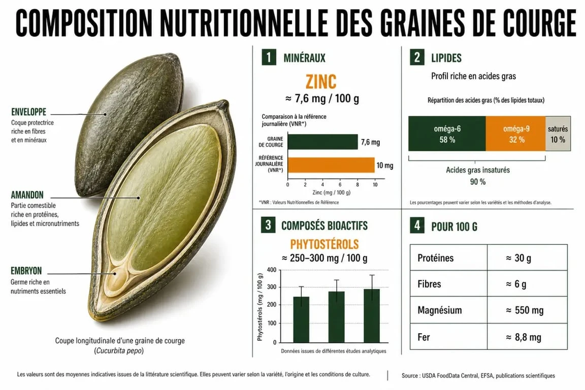 Infographie sur la composition nutritionnelle des graines de courge pour la santé de la prostate