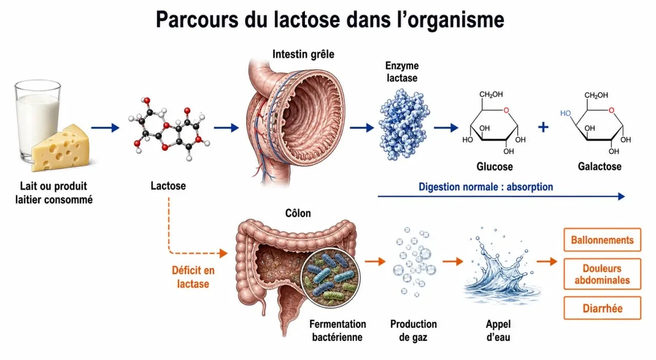 Intolérance au lactose symptome : schéma du lactose, de la lactase et des symptômes digestifs