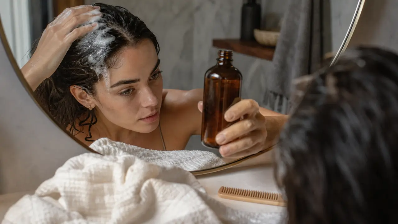 Meilleur shampoing racines grasses pointes sèches : flacon et mousse sur cuir chevelu
