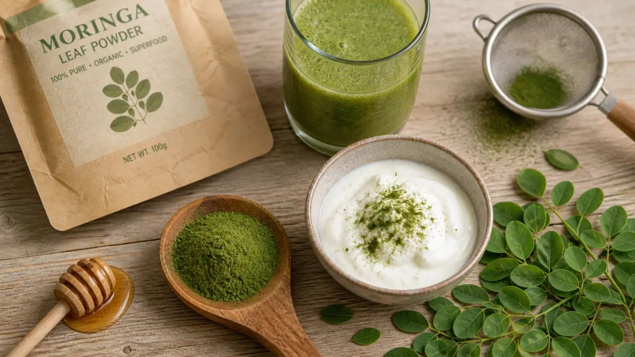 Poudre de moringa bienfait : cuillère de poudre verte sur table avec feuilles