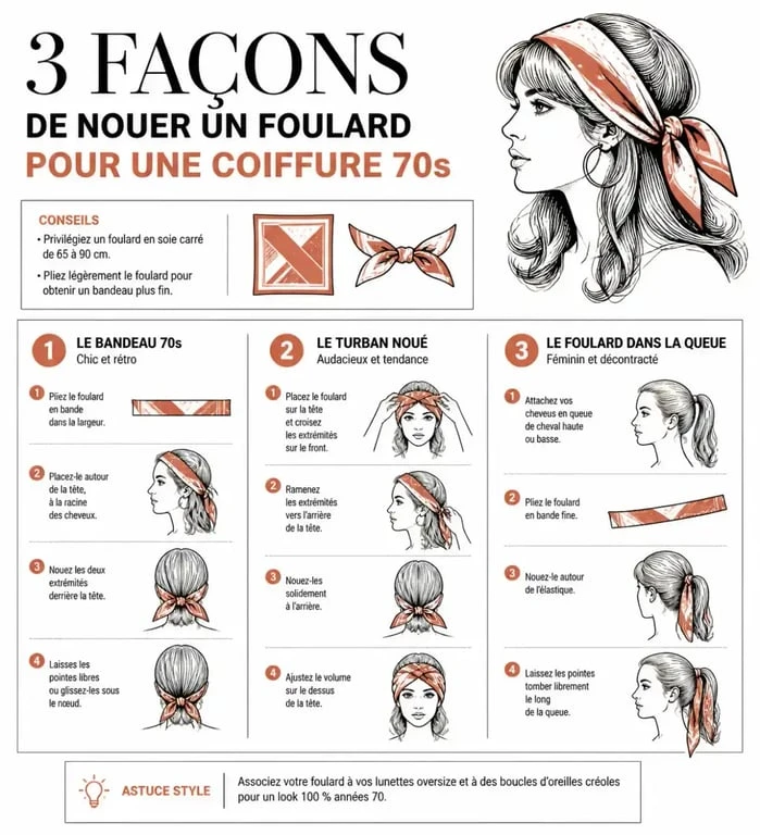 Comment nouer un foulard pour une coiffure année 70 femme