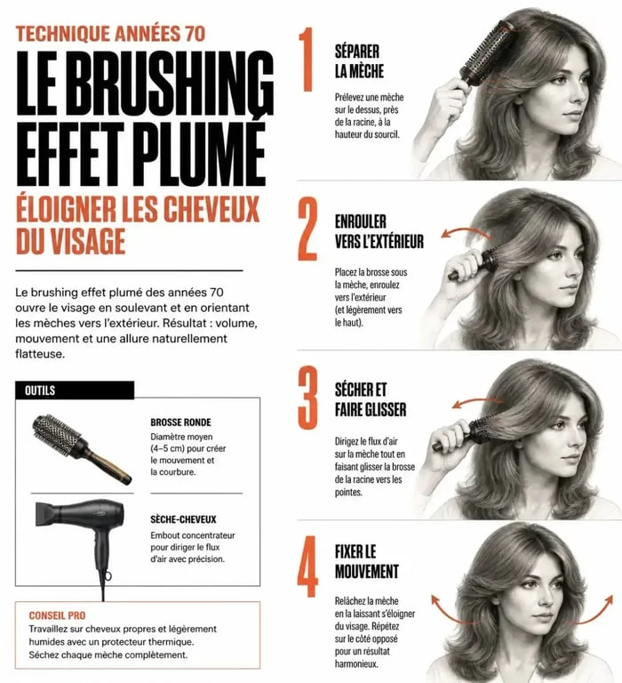 Tutoriel brushing coiffure année 70 femme effet Farrah Fawcett