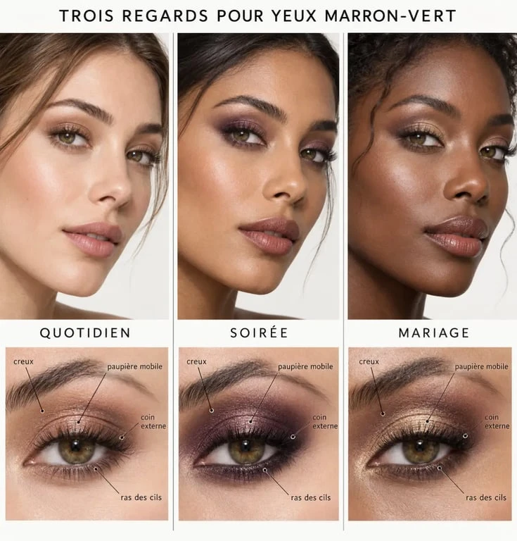 Yeux marron vert quel maquillage : trois idées de looks taupe-cuivre, prune et champagne doré