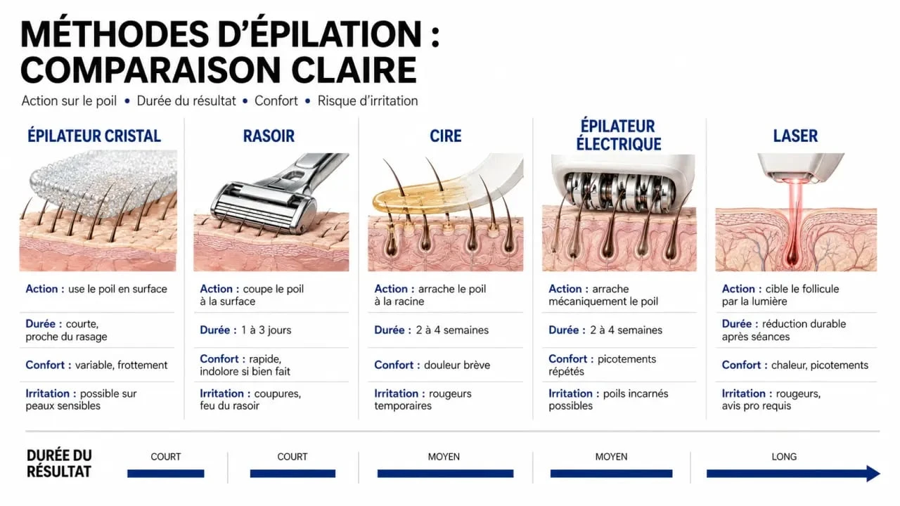 Avis épilateur cristal : comparatif visuel avec rasoir, cire, épilateur électrique et laser