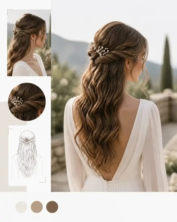 Coiffure mariée cheveux longs en demi-attaché wavy romantique
